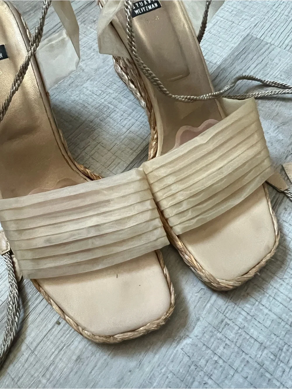 STUART WEITZMAN Cream Espadrille Wedge Sandals with Wrap Ankle Tie Tulle Size 9 - Picture 5 of 14